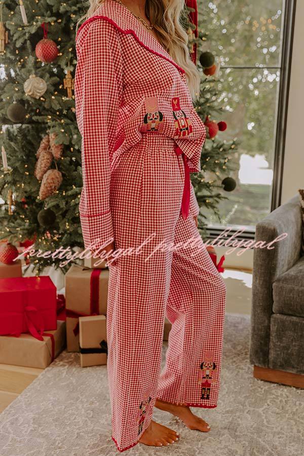 Nutcracker Charm Embroidered Gingham Loose Shirt and Elastic Waist Pajama Set