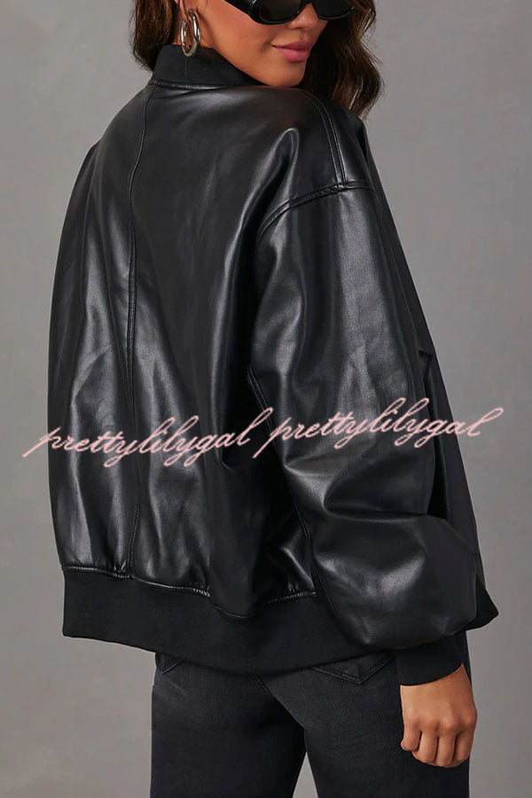 Solid Color Long Sleeve Loose Pocket Leather Jacket