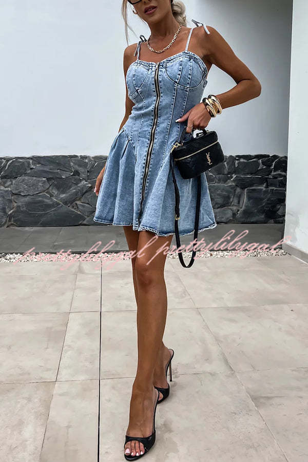 Fashionable Patchwork Suspender Zipper Slim Denim Mini Dress