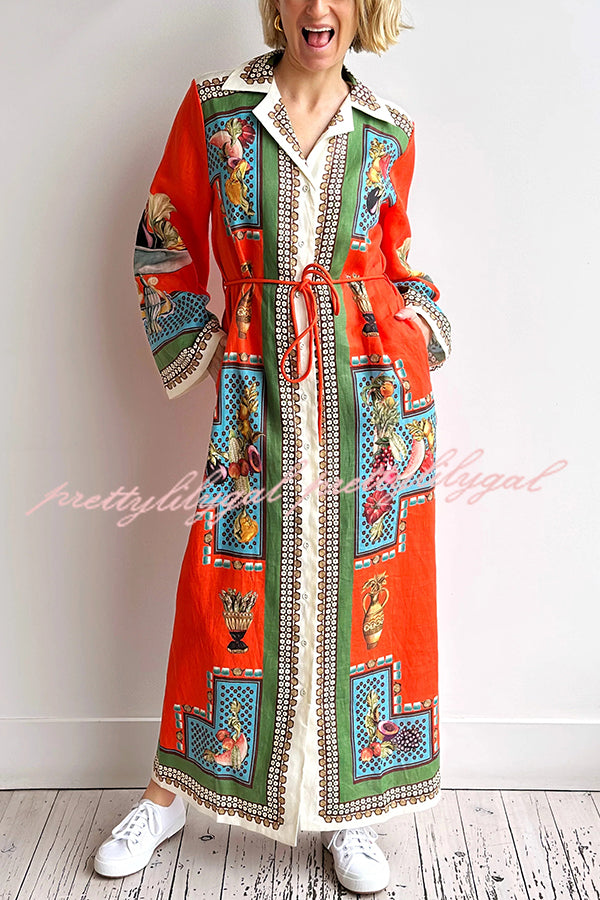 Linen Blend Unique Print Tie-waist Casual Maxi Dress