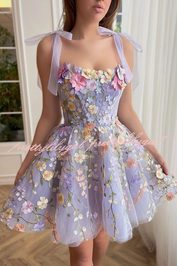 Lavender Floral Lace Up High Waisted Back Zip Mini Dress