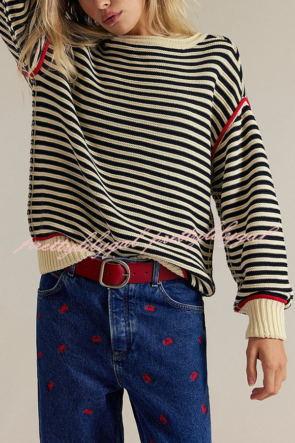 Fashion Striped Colorblock Loose Round Neck Long-sleeved Knitted Sweater