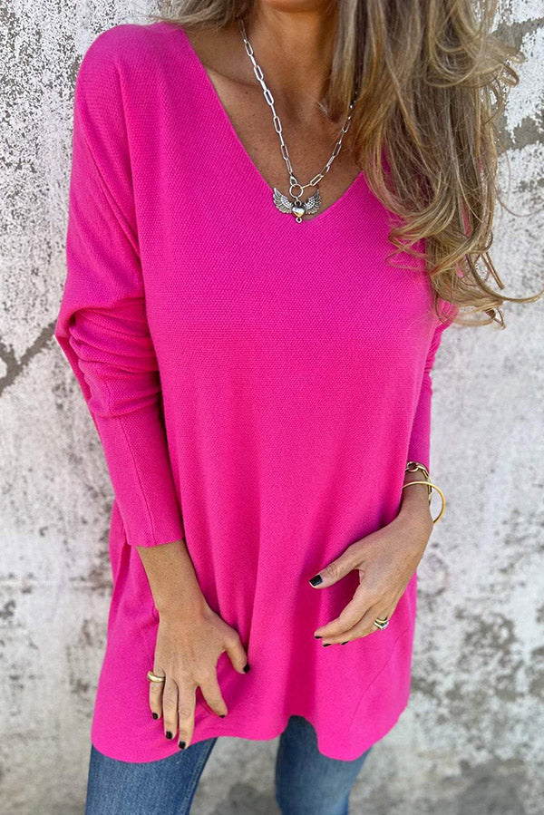 Solid Color V-neck Loose Long-sleeved Knitted T-shirt