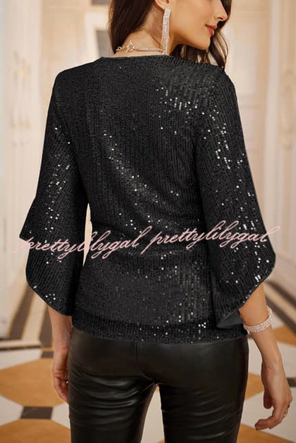 Solid Color Sequined V-neck Hollow Sleeve Slim Fit Top