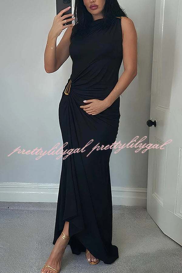 Fashionable Metallic Embellishments Pleated Sleeveless Slim-fit Maxi Dress