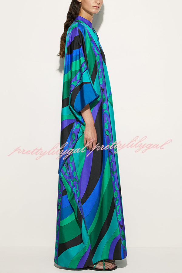 Holiday Choice Satin Unique Print Drape Wide Sleeve Loose Kaftan Maxi Dress