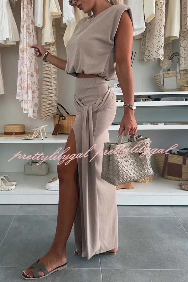 Comfortable Stylish Round Neck Sleeveless Casual Top and Elastic Waist Ruched Tie Slit Midi Skirt Set