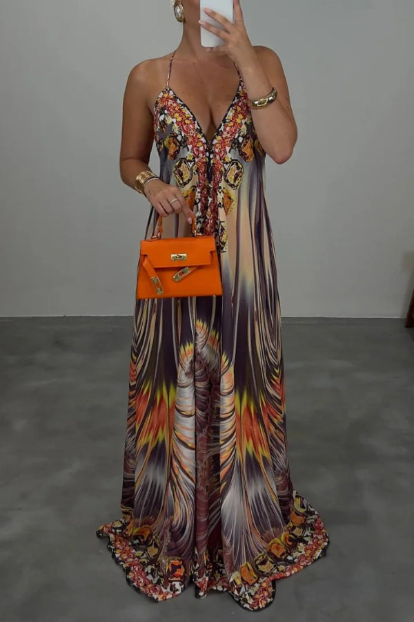 Bohemian Style Unique Print Sleeveless Backless Loose Maxi Dress – prettylilygal