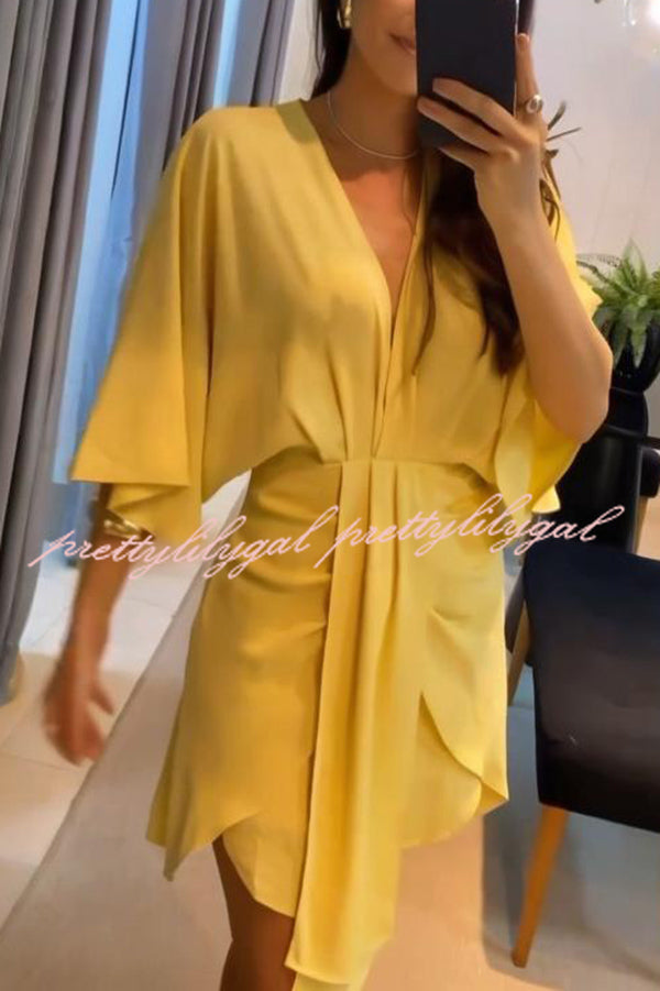 Solid Color V-Neck Half Sleeve Casual Irregular Mini Dress