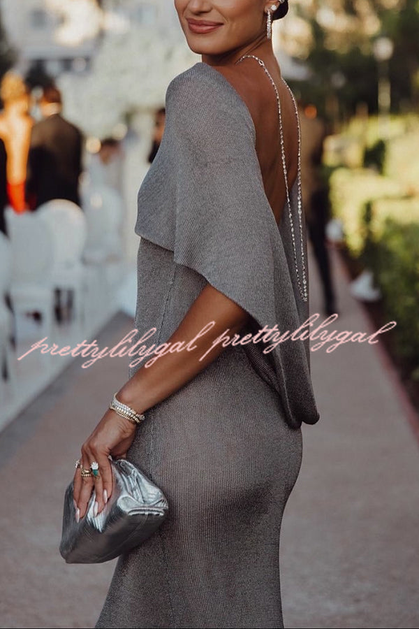 Fit and Elegance Fine Shimmering Fabric Open Cowl Back Draped Neckline Maxi Dress