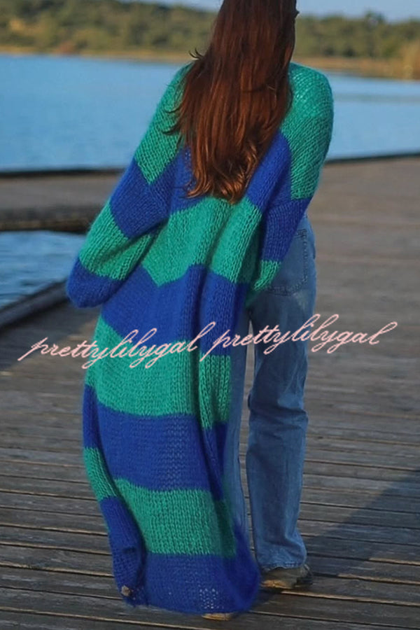 Fashionable Contrast Stripes Lazy Style Loose Long Knitted Cardigan