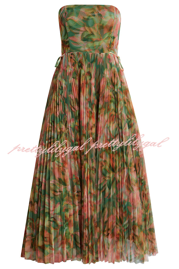 Romantic Factor Pleated Mesh Watercolor Print Bow Detail Strapless Maxi Dress