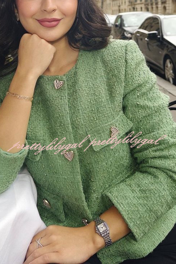 Stylish Tweed Love Button Long Sleeve Casual Pocket Jacket