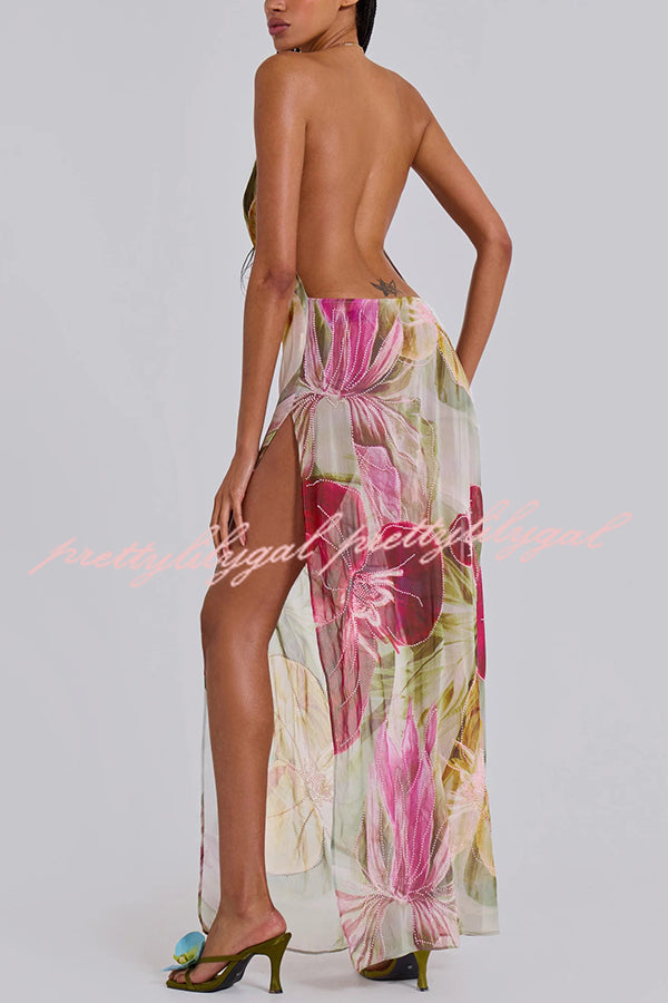 Floral Print Sexy Backless Slit See-Through Holiday Maxi Dress