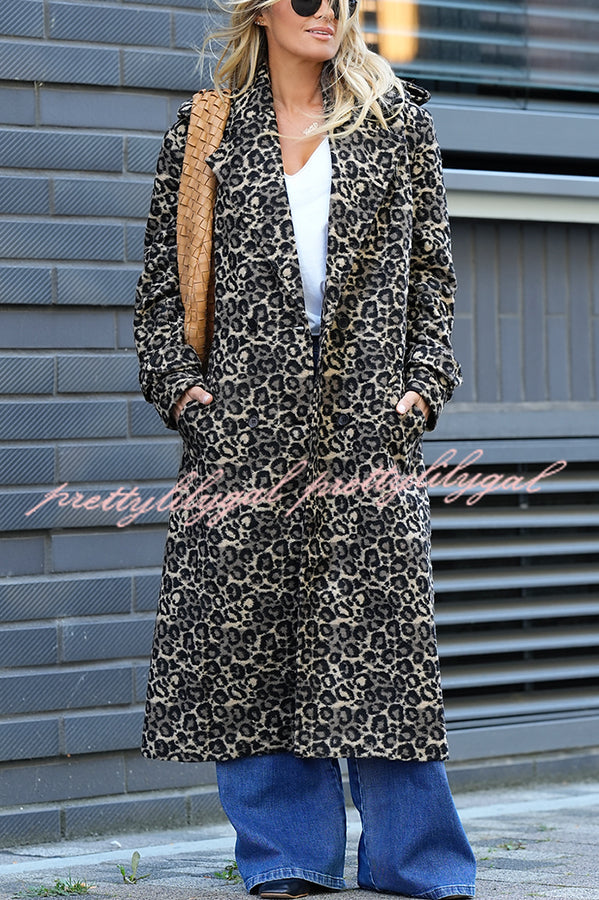Leopard Affair Animal Print Epaulettes Long Sleeve Pocketed Lapel Midi Trench Coat