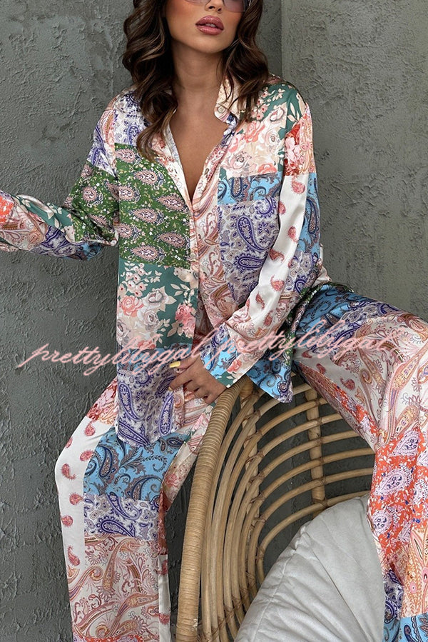 Unique Ethnic Print Long-sleeved Shirt and Elastic Waist Pants Set