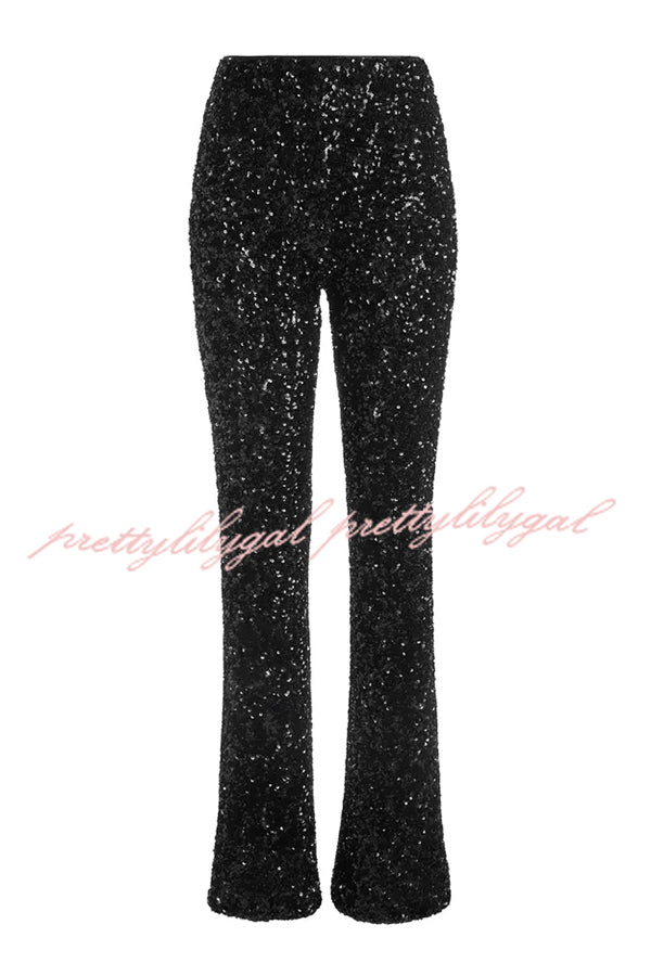 Sparkle Season Sequin High Rise Elastic Waist Stretch Flare Party Pants