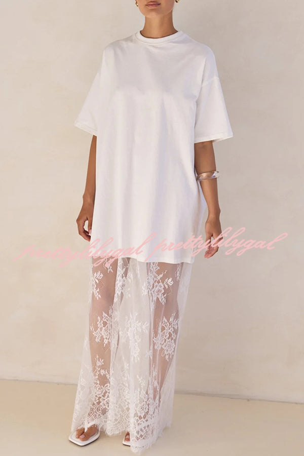Ophelia Short Sleeve Sheer Floral Lace Hem Oversized T-shirt Maxi Dress