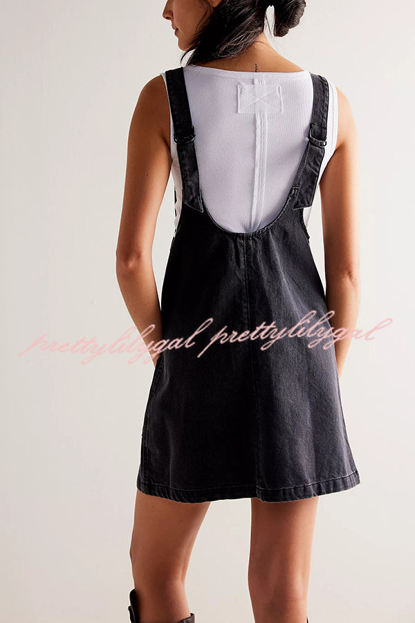 Solid Color Sleeveless V-neck Pocket Adjustable Denim Suspender Mini Dress