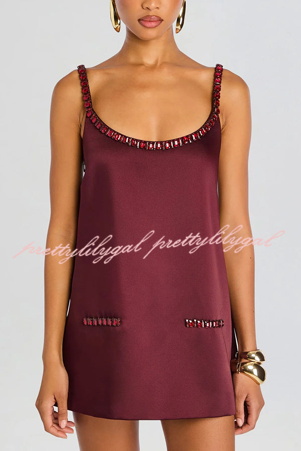 Taste Red Wine Satin Gemstone Trim Round Neck Slip H-line Mini Dress