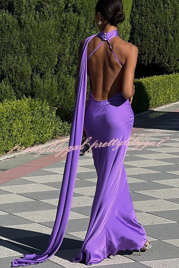 Crush on You Satin One Shoulder Backless Cape Maxi Dress