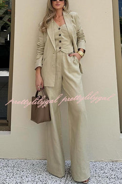 Solid Color Lapel Blazer + Slim Waistcoat and Pocket Wide-leg Pants Three-piece Set