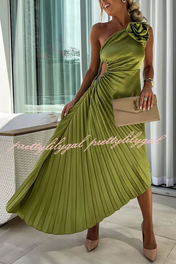 Romantic Nights Satin Raised Flower Elastic Cutout One Shoulder Pleated Maxi Dress