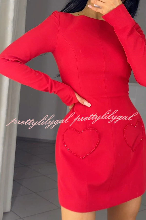 Anna Sparkling Gemstone Trim Heart Pocket Long Sleeve Mini Dress