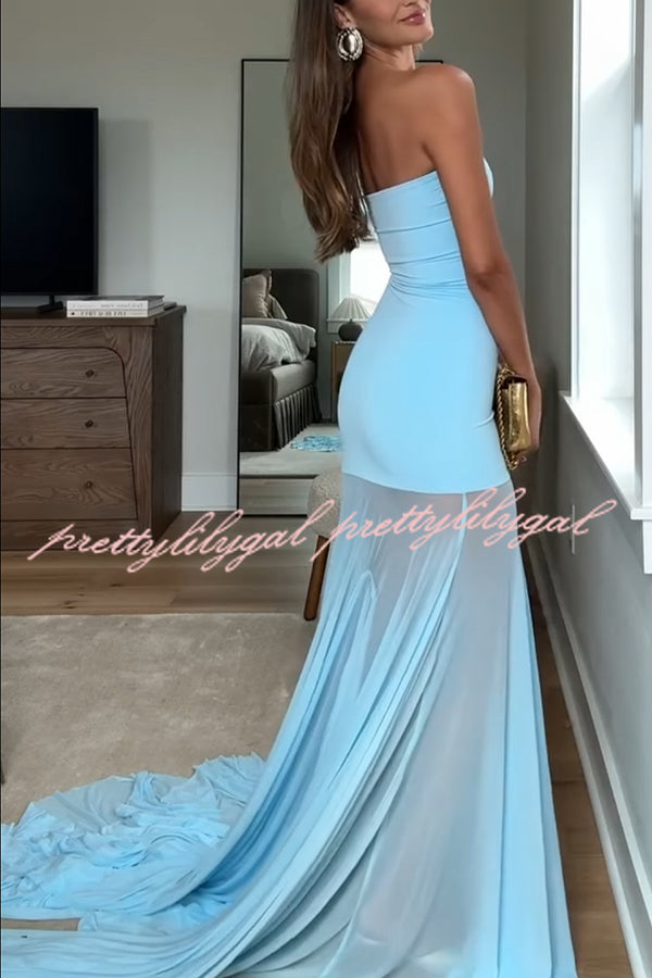 Blue Sky Off Shoulder Contrast Sheer Mesh Fabric Stretch Maxi Dress