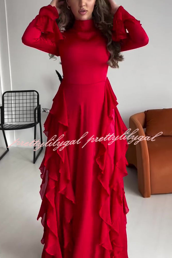 Cline Solid Color High Neck Long Sleeve Elegant Ruffles Maxi Dress