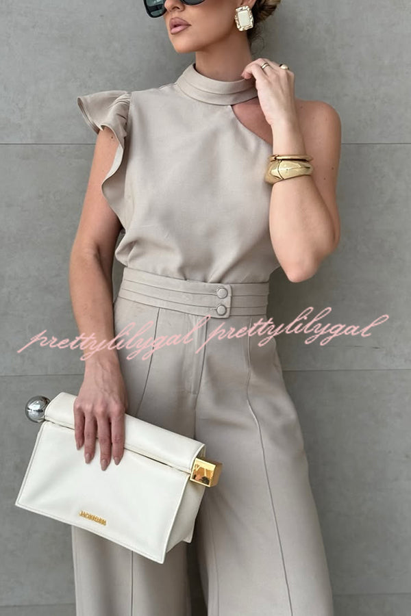 Fashionable One-shoulder Ruffled Top and Casual Simple Straight-leg Suit Pants Set