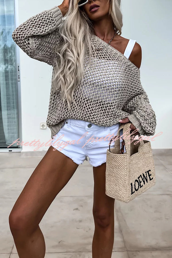 Vacation Beach Cover Up Long Sleeved Hollow Loose Top