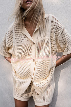 Casual Knitted Hollow Shirt Top and Elastic Waist Tie Loose Shorts Set