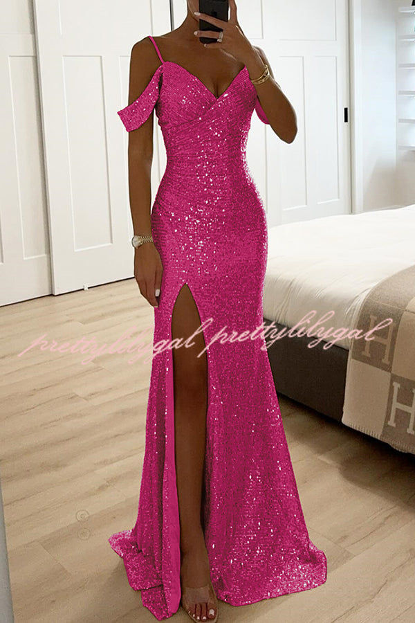 Prom Dreamland Sequin Cold Shoulder Ruched Slit Maxi Dress