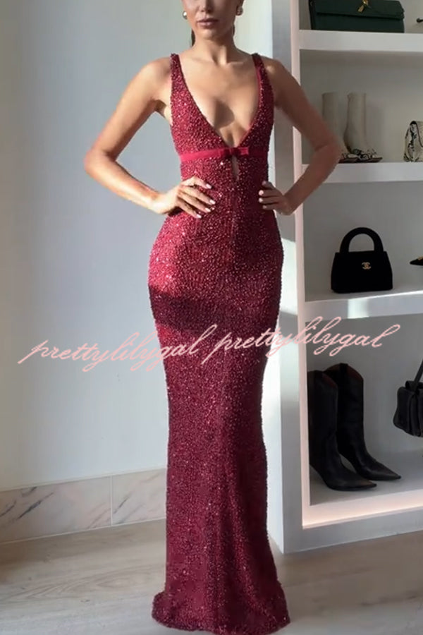 Festival Shines Sequin Beaded Mesh Bow Cutout Detail Slit Maxi Dress