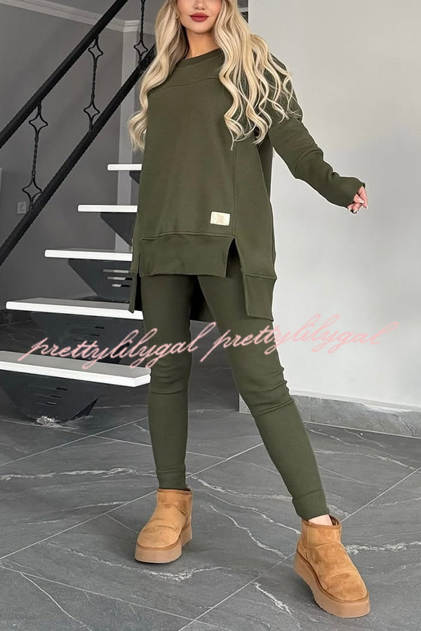 Solid Color Crew Neck Long Sleeve Top and Casual Stretch Pants Set