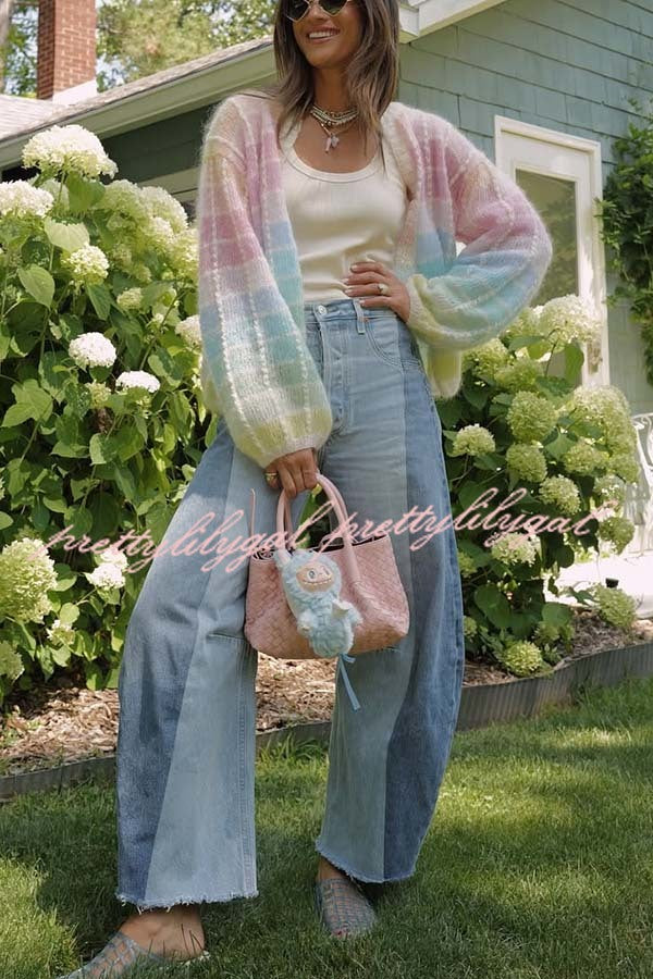 Palette Day Knit Color Blocks Open Front Balloon Sleeve Loose Cardigan
