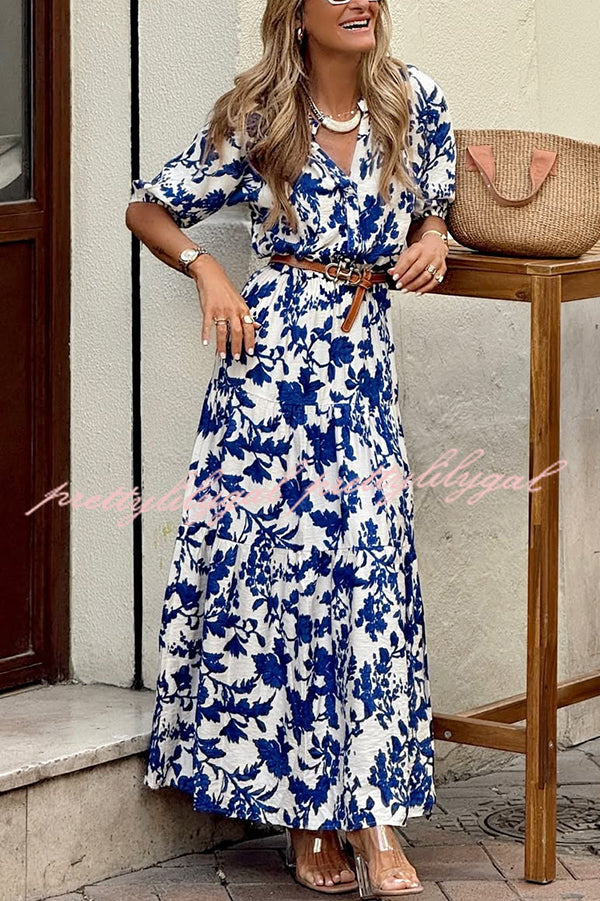 Plant Print V-neck Half-sleeve High Waist Casual Maxi Dress