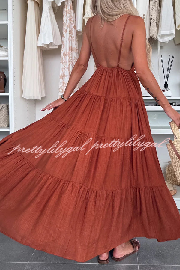 Bohemian Style V-neck Backless Slip Layered Vacation Maxi Dress