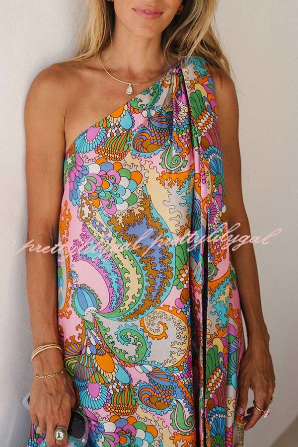 Rainbow Breeze Satin Unique Print Bow One Shoulder Loose Maxi Dress
