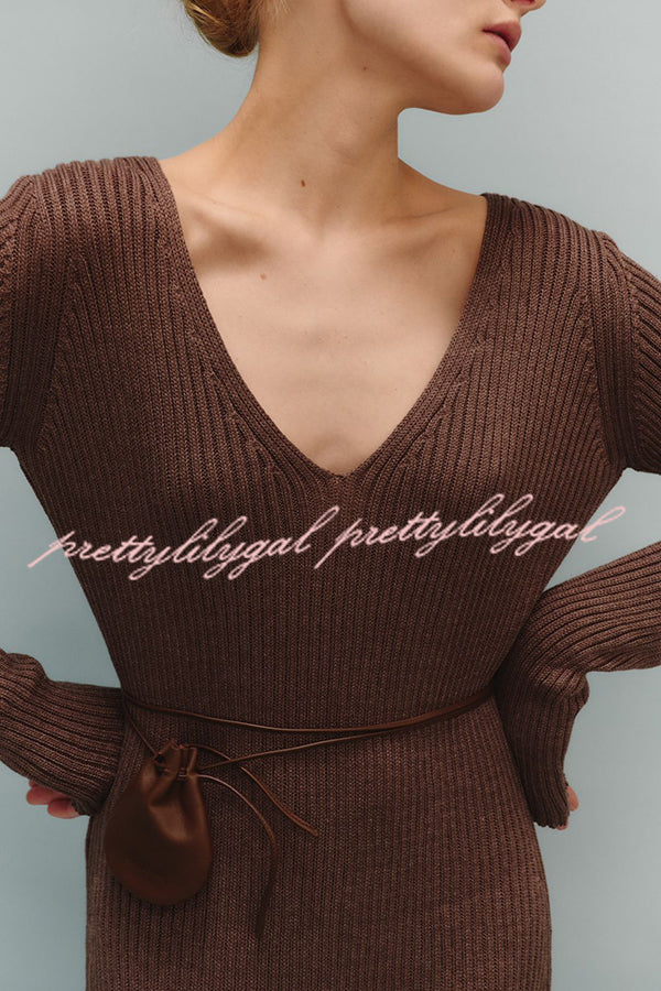 Solid Color V-neck Long-sleeved Slim-fit Elegant Knit Maxi Dress