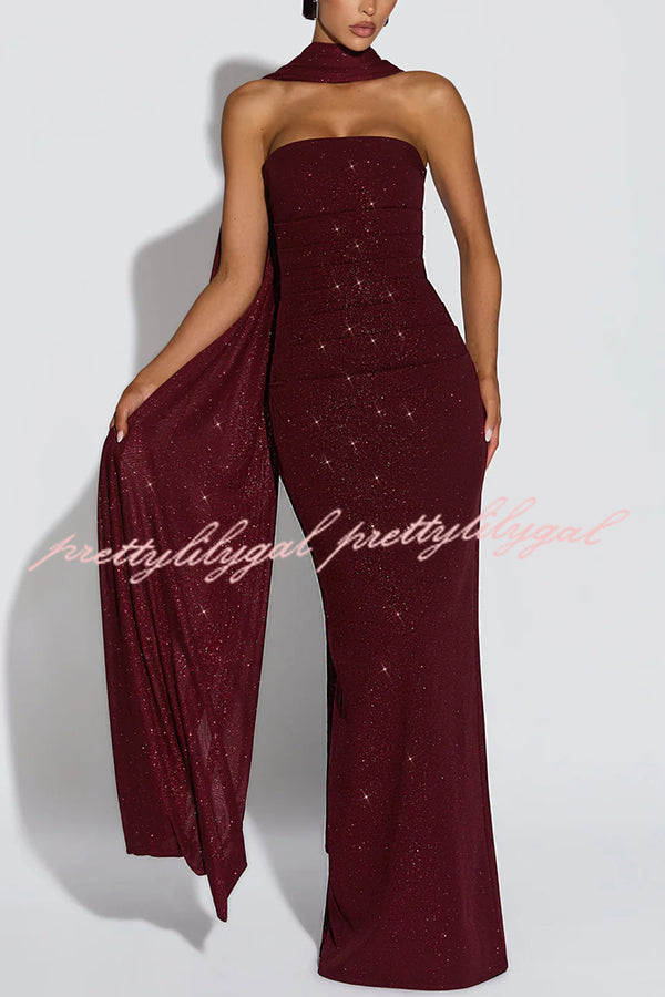 Pandra Glittery Crepe Fabric Off Shoulder Ruched Slit Cape Maxi Dress