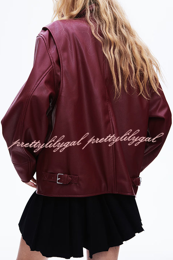 Fashion Lapel Long Sleeve Pocket Zipper Leather Jacket