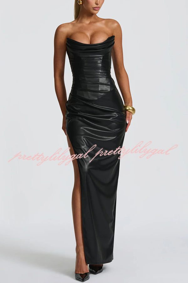 Alba Faux Leather Pleated Off Shoulder Neck Slit Stretch Maxi Dress