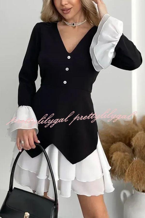 Fashionable Contrast Color Panel Long Sleeve Ruffled Mini Dress