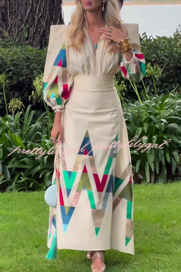 Highest Elegance Colorful Triangle Print Padded Shoulder Blouse and High Rise Maxi Skirt Set