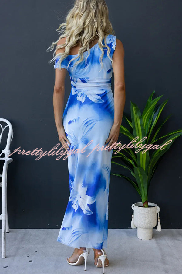 Escala Mesh Overlay Floral Print One Shoulder Cross Detail Slit Stretch Maxi Dress