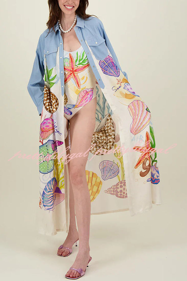 Take A Trip Marine Elements Unique Print Patchwork Pocketed Long Shirt Coat