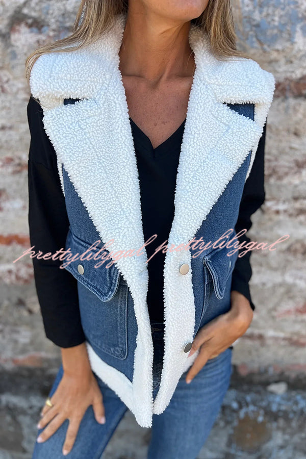 Autumn and Winter Motorcycle Faux Fur One-piece Denim Lapel Pocketed Vest Jacket