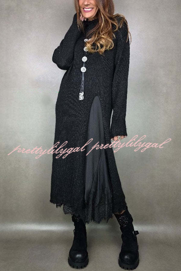 Solid Color Knitted Long-sleeved Casual Slit Midi Dress